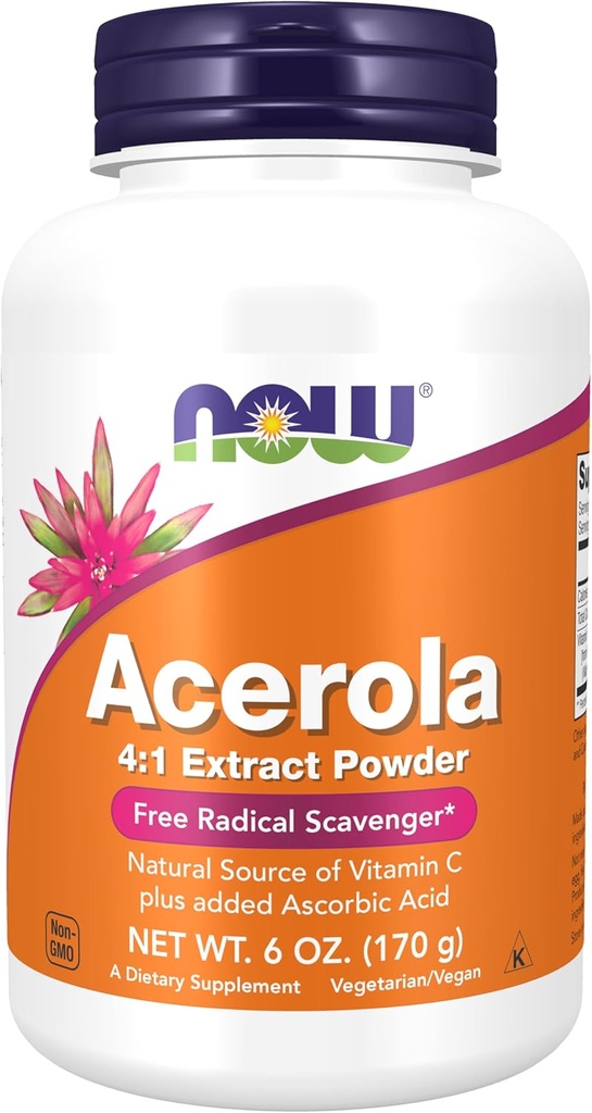 AHORA Suplementos de alimentos, Acerola 4:1 Extracto Polvo, Acerola y Ácido Ascórbico, Scavenger Radical Libre*, 6-Once