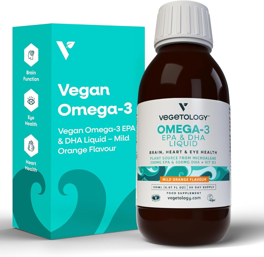 Vegan Omega 3 Liquid, de Microalgae, 800 mg de EPA DHA, con vitamina D3, apoya el corazón, cerebro y salud ocular, natural Fish Oil Alternative, UK Made, Mild Orange Flavoured