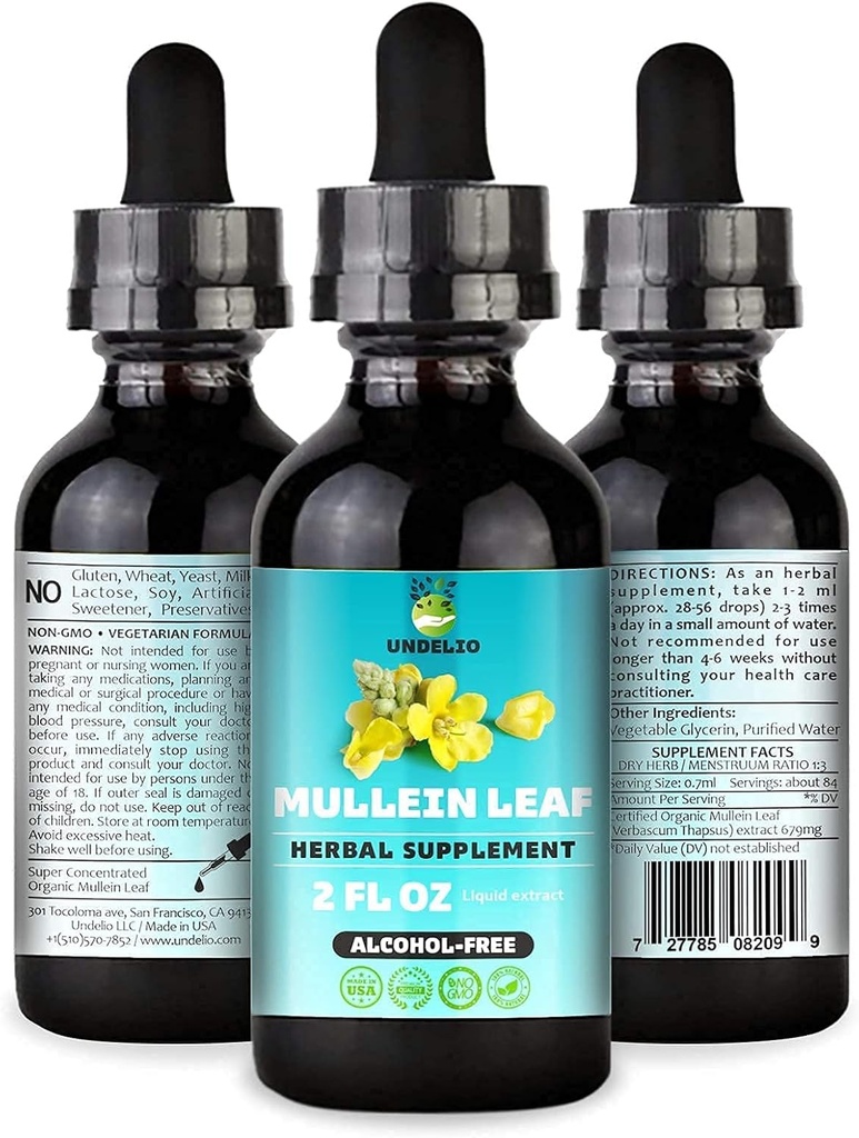 Extracto Herbal Mullein de Undelio - Tintura orgánica y libre de alcohol para respiratorio, pulmón, sueño &amp; apoyo digestivo - No GMO, Vegan - 2 fl. Oz para la salud inmune &amp; Lung Detox