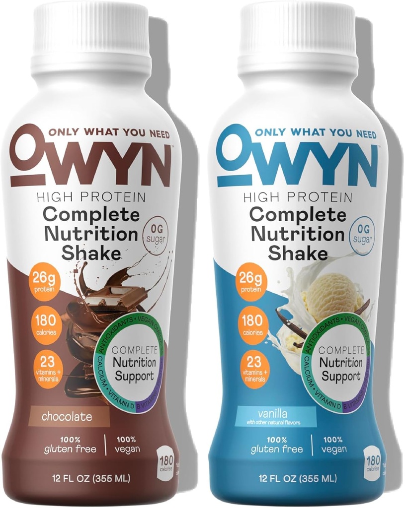 OWYN Sólo lo que necesita Alta Proteína Planta Basada Completa Afeitado de Nutrición, Chocolate y Vainilla Variedad Pack, 12 Fl Oz (12 Pack)