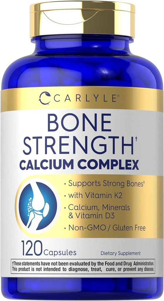 Carlyle Bone Strength Calcium Complex Suplemento Silencio con Vitamin D3, Magnesium, K2, Zinc &amp; Boron TEN 120 Capsules ANTE Non-GMO, Gluten Free