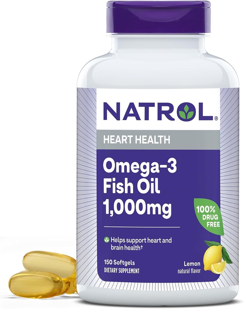 Natrol, Omega-3 aceite de pescado Softgels, suplemento dietético de salud cardíaca, 1000 mg, 150 conteo