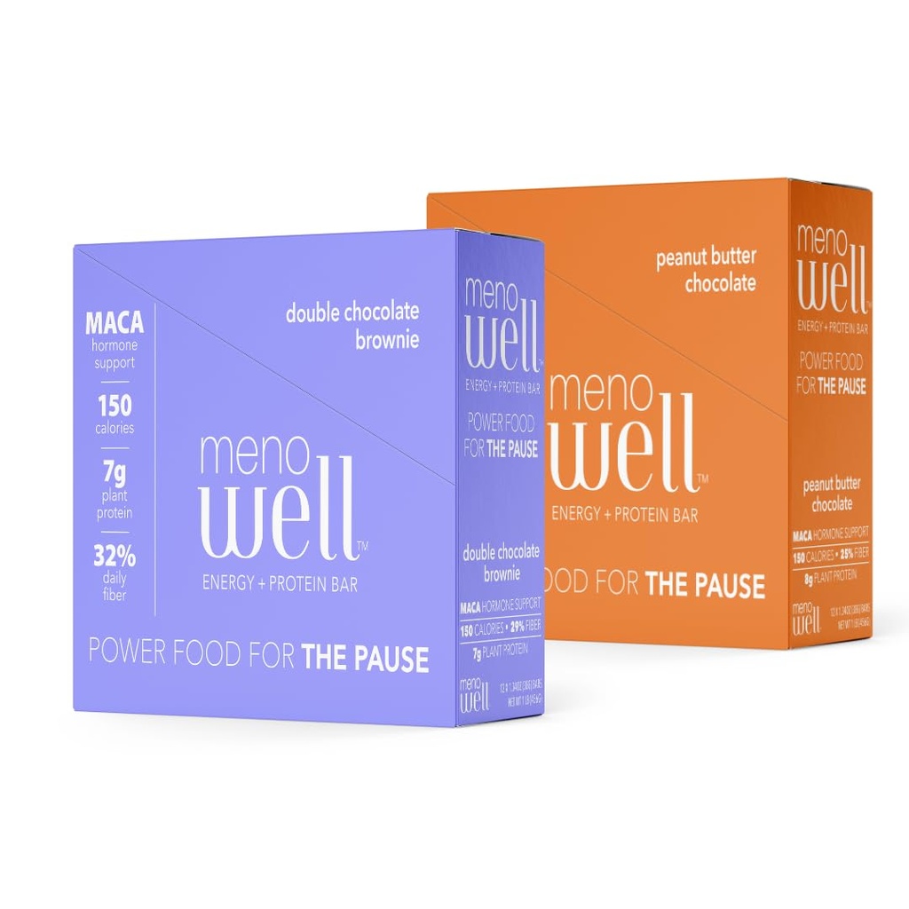 MenoWell Menopause Energy and Protein Bars for Women (Formally Bossa Bar), Double Chocolate Brownie (10 Conde) y Peanut Butter Chocolate (10 Conde), High Fiber y Protein, 20 Conde (1 Caja de Cada)