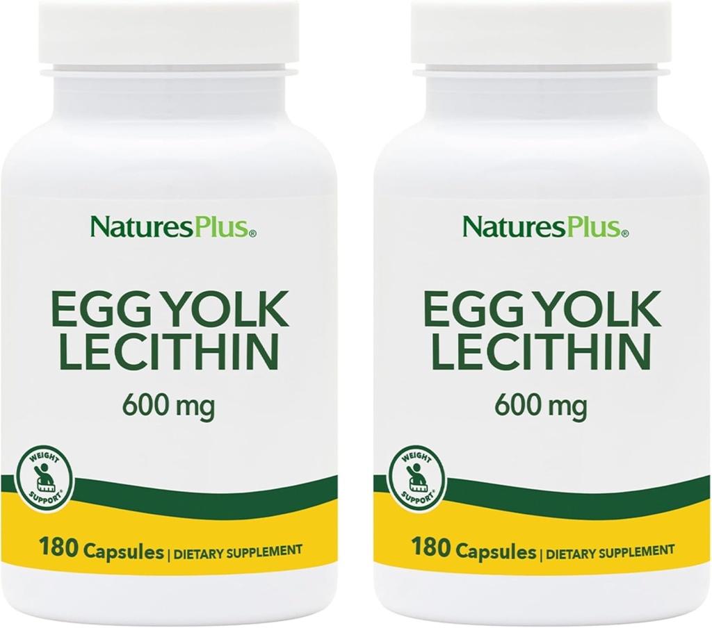 NaturesPlus Egg Yolk Lecithin - 600 mg, 180 Capsules - Pack of 2 - Soy Free, Gluten Free - 180 Total Servings