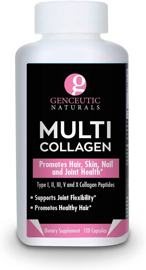 Genceutic Naturals Multi Collagen Capsules Tipos I, II, III, V & X - 120 Veg Caps -for Healthy Hair Skin, Nails 1500mg Non-GMO, Pasture-Raised, cage Free and Cruelty Free Source
