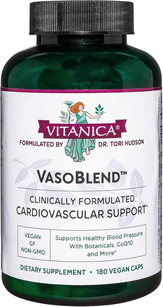 Vitanica VasoBlend - Suplemento de salud cardíaca con ácido fólico, Magnesio, CoQ10 &amp; Terminalia Arjuna Barco - Suplemento de salud cardíaca - Lady - 180 caps Vegan