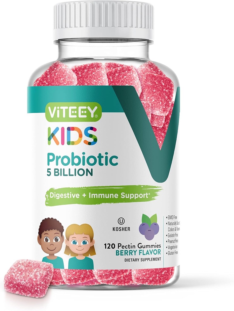 Viteey Probiotic Gummies for Kids - 5 Billion CFUs - Probioticos Kids Constipation Relief, Natural Immune & Digestive Health Support - Vegetarian, Gelatin Free, GMO Free - Tasty Berry Flavored Gummy