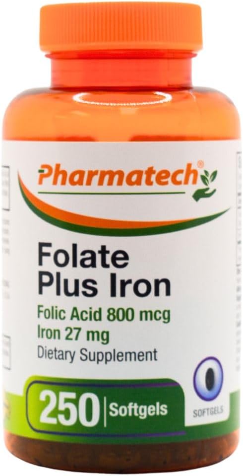Folic Acid 800 mcg Plus Hierro 27 mg Suplemento para Mujeres, Vitamina B9, Folate Prenatal, Fast Absorption, Made in USA, 250 Softgels