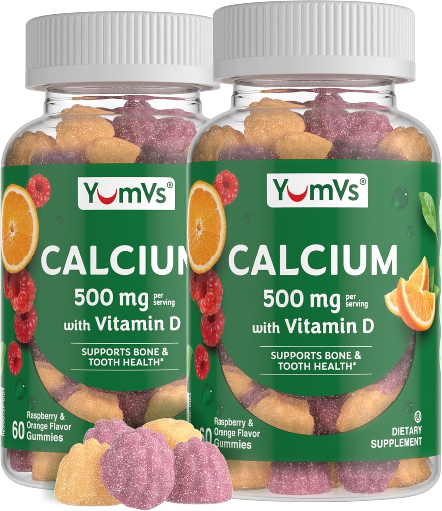 YumVs Calcio 500 mg con Vitamina D3 - Raspberry & Orange Flavor Calcio Vitamina D Gummies, Suplemento de Calcio Chewable para Adultos Infantiles, Vitamina D Calcio Gummies (60 Cuenta (Pack de 2))