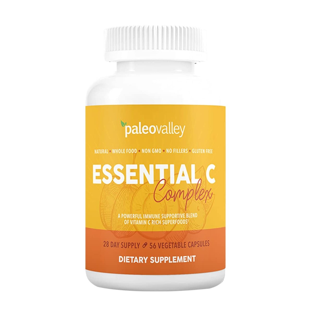 Complejo C Esencial Paleovalley - Suplemento Vitamina C para Soporte Inmunitario - 1 Pack, 450mg - Ecológico Superfoods Unripe Acerola Cherry, Camu Camu, Amla Berry - No Synthetic Ascorbic Acid - USA Made