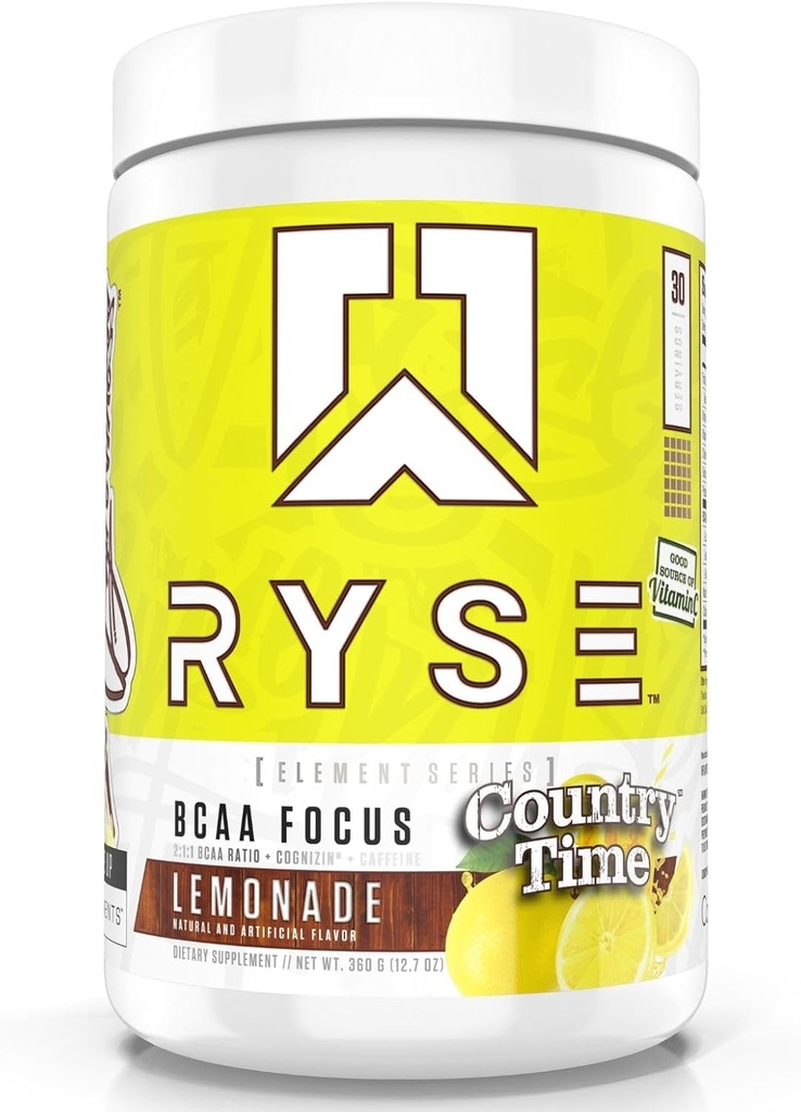 RYSE BCAA Focus Powder - Country Time Lemonade - BCAA Supplement with Electrolytes, Natural Caffeine & Cognizin Supports for Hydration, Recovery, Energy, and Focus for Men &amp; Women - 30 Servings