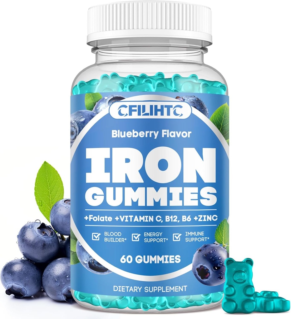 Gummies de hierro para hombres - Suplemento de hierro con vitamina B6, B12, C, Zinc, Folate para adultos &amp; niños - Apoyo deficiencia de hierro, anemia, energía eléctrica, constructor de sangre - azúcar libre Vegan 60ct Blueberry