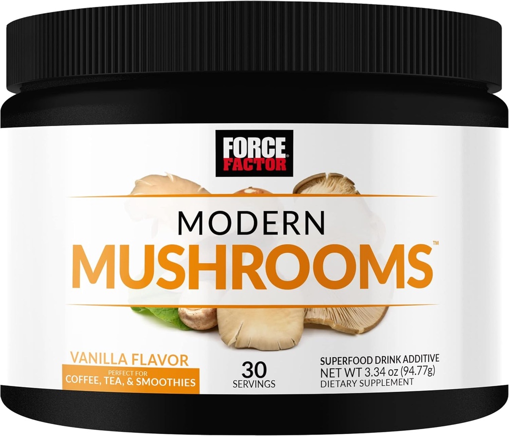 FORCE FACTOR Modern Mushrooms Powder, Mushroom Supplement with Lions Mane, Turkey Tail, &amp; Cordyceps to Support Energy, Focus, Immunity, " Digestion, Vanilla Flavor, 30 Servings