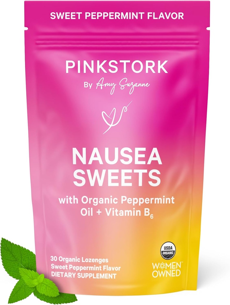 Pink Stork Organic Peppermint Sweets for Morning Sickness and Motion Sickness Support, Añadido Vitamin B6, 1st Trimester Pregnancy Must Haves - 30 Wrapped Peppermint Candies