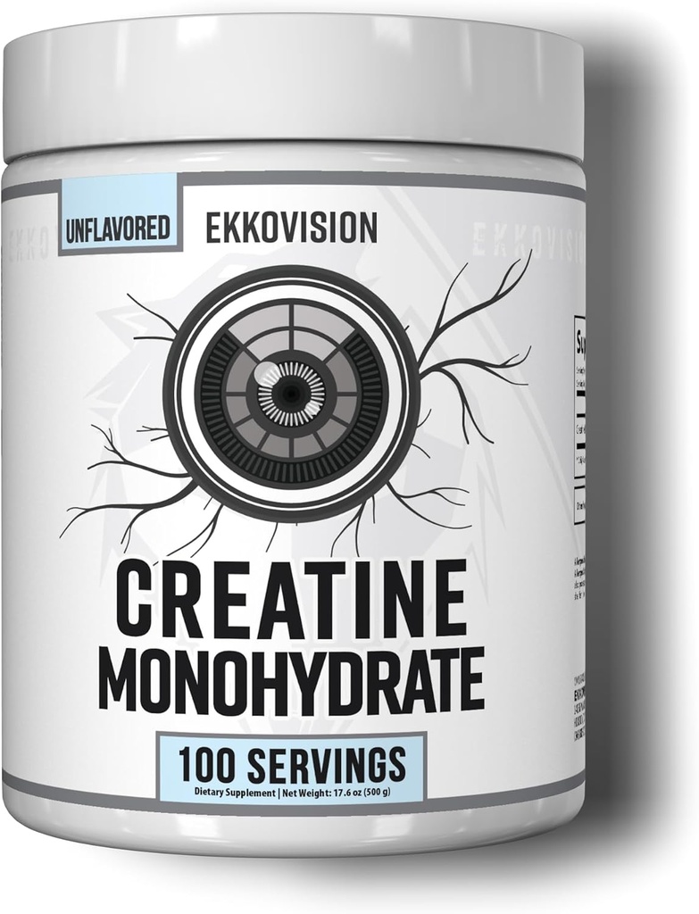 Ekkovision Creatine Monohydrate Powder, Micronized, Unflavored, Pre Workout &amp; Post Workout Suplemento para Hombres y Mujeres, Energy Support, Easy to Mix in Shakes, Smoothies & Beverages, 100 Servings