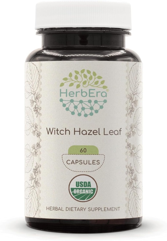 HerbEra Witch Hazel Leaf USDA Orgánica 60 cápsulas ← Natural Herbal Suplemento ← Certified Organic Vegetarian Capsules and Organic Witch Hazel Leaf (Hamamelis virginiana) Hoja seca (60 cápsulas)