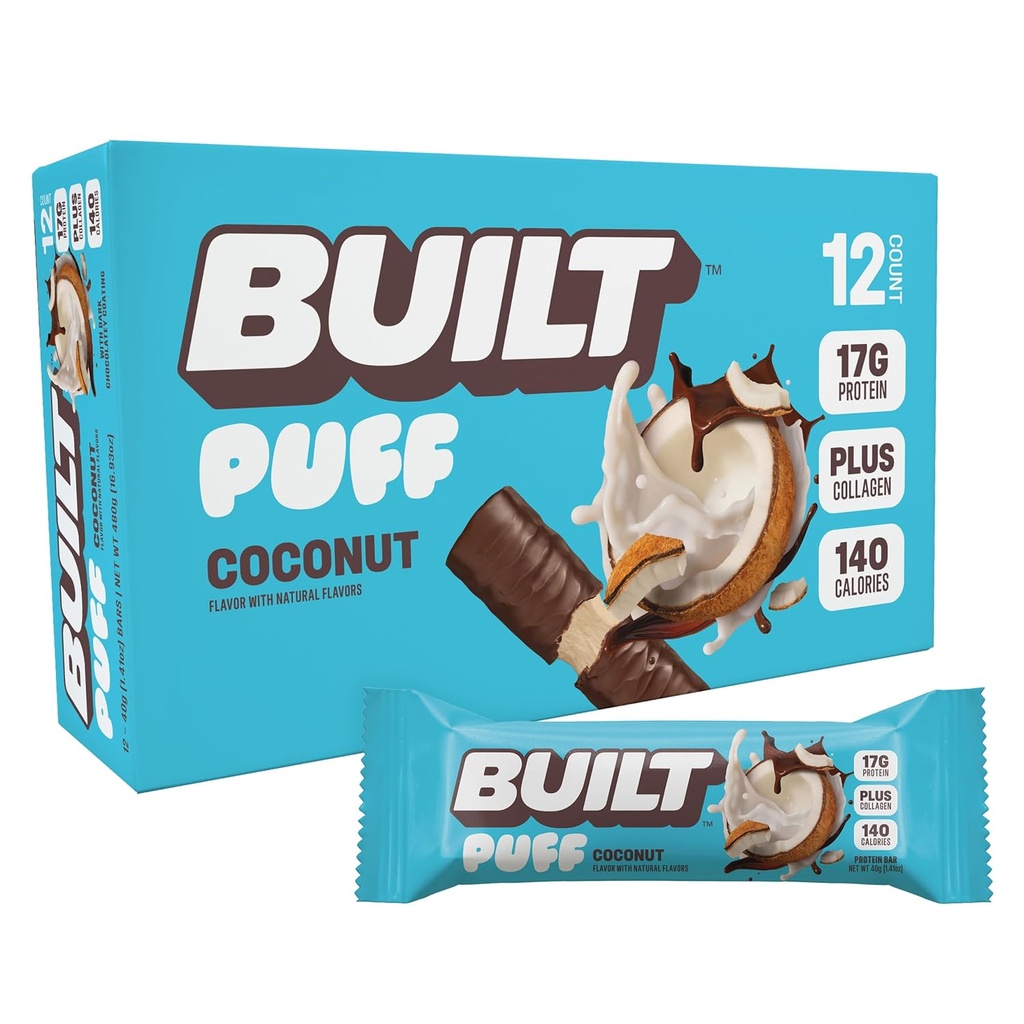 Barras de proteína, Bares de proteína, Puff de coco, Snacks de 17g Proteína, Bares On-The-Go, Sólo 140 Calories, 6g Azúcar, Collagen, Gluten Free, 12 Condes