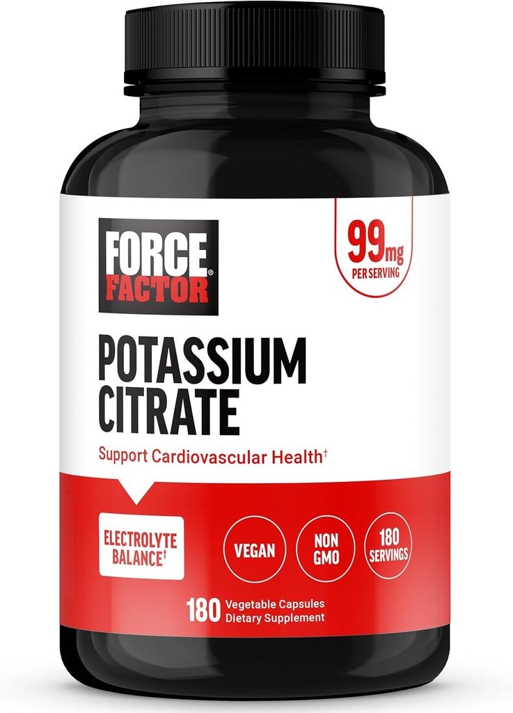 Force Factor Potassium Citrate, Potassium Capsules to Support Cardiovascular Health, Promote Electrolyte Balance, and Boost Hydration, Ideal for Athletes, 180 Vegetable Capsules