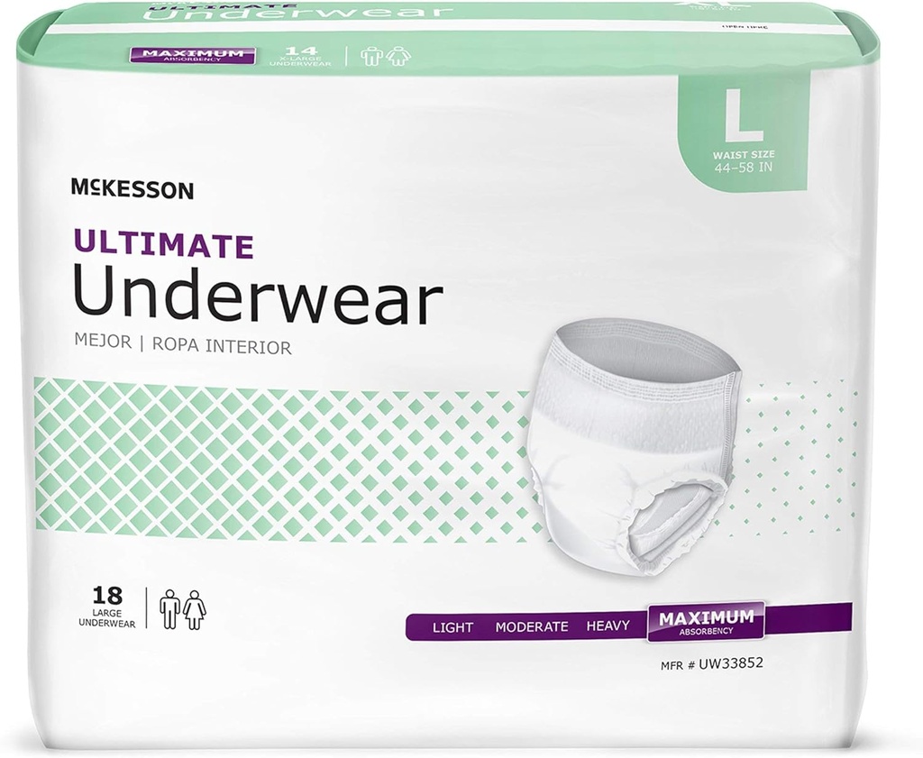 McKesson Ultimate Adult Incontinence Underwear, [72 Conde], Grande, 44-58 in. Absorbencia Máxima, Protección de Leak Unisex, Estilo Pull-On con Tear-Away Sides, Postparto e Incontinencia