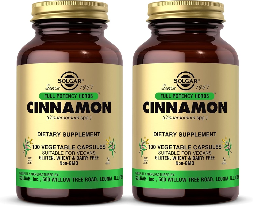 Solgar Cinnamon - 100 Vegetable Capsules, Pack of 2 - Full Potency (FP) - Non-GMO, Vegan, Gluten Free, Dairy Free, Kosher - 200 Total Servings