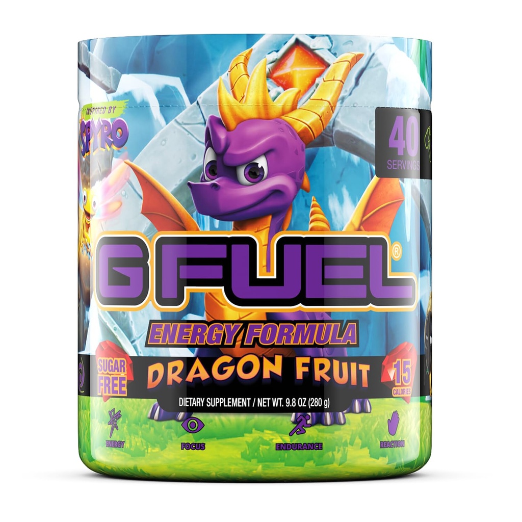 G Fuel Spyro The Dragon Energy Drink Powder, Pre Workout Caffeine Mix for Gaming, Sugar Free Focus Amino, Vitamina + Antioxidantes, 9.8oz (Dragon Fruit, 40 Servings)