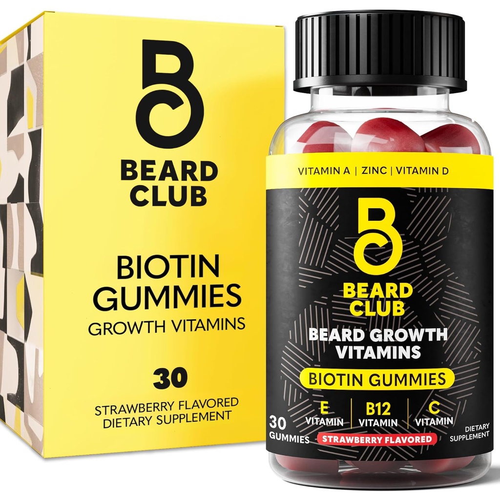 The Beard Club Biotin Beard Growth Vitamin Gummies - Hair Supplement for Men - Vitaminas B12, E, &amp; C para soportar un Thicker Fuller Looking Facial Hair - Strawberry Gummy
