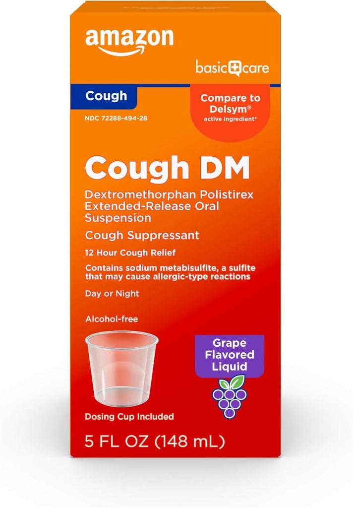   Basic Care 12 Hour Cough DM Syrup, Extended-Release Dextromethorphan, Grape Flavor Liquid Medicine, 5 fl oz (Pack of 1)