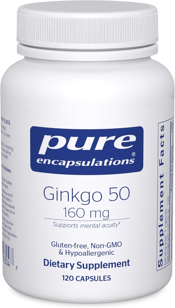 Encapsulaciones puras Ginkgo 50 160 mg peru Ginkgo Biloba Suplemento de Apoyo Oxígeno, Circulación de Sangre y Problemas de Memoria Mild asociados con el envejecimiento* Ø 120 Capsules