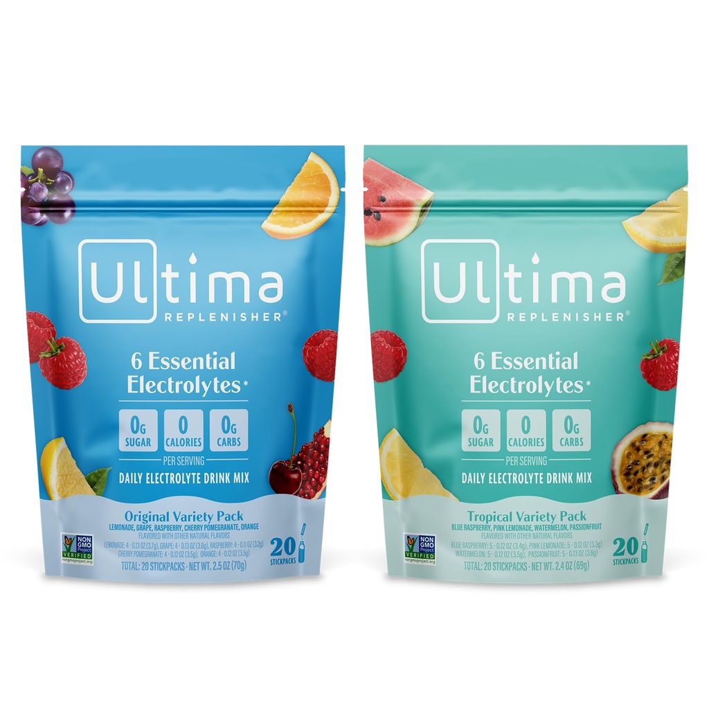 Ultima Replenisher Daily Electrolyte Powder Drink Mix – Sugar Free – Tropical Variety and 5-Flavor Variety, 20 Stickpacks – Hydration Packets with 6 Electrolytes and Minerals – Keto, Non-GMO