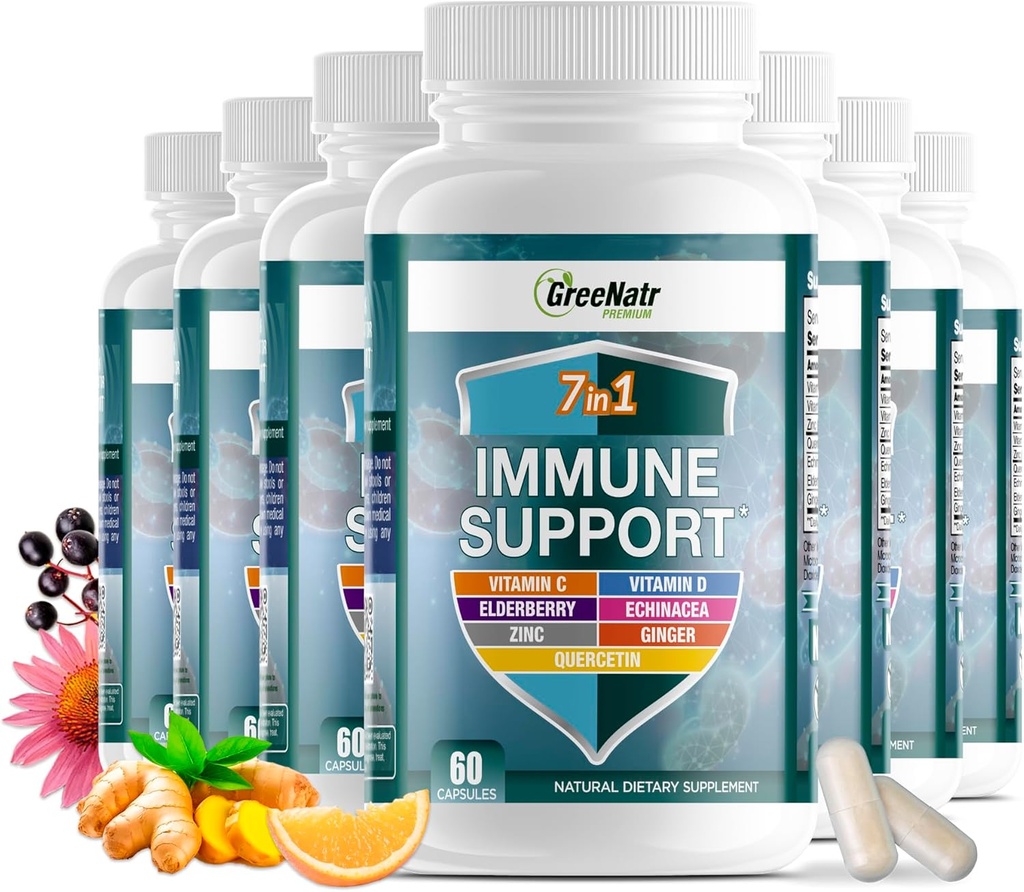 GreeNatr 7 en 1 Suplemento de Apoyo Inmunitario con Vitamina C, Vitamina D3, Zinc 50mg, Quercetina, Echinacea Purpurea, Sambucus Elderberry y Ginger para Defensa Inmunitaria Completa - 60 cápsulas (12 botellas)