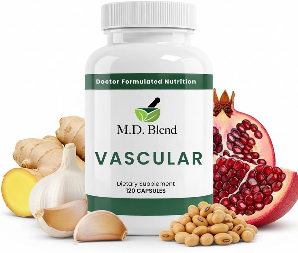 M.D. Vascular - Experto Suplemento Formulado - Objetivos de Wellness Vasculares - Flujo adecuado, Números, Balance - Ajo potente, Ginger, L-Arginina, Pomegranate - 120 cápsulas (Pack of 1)
