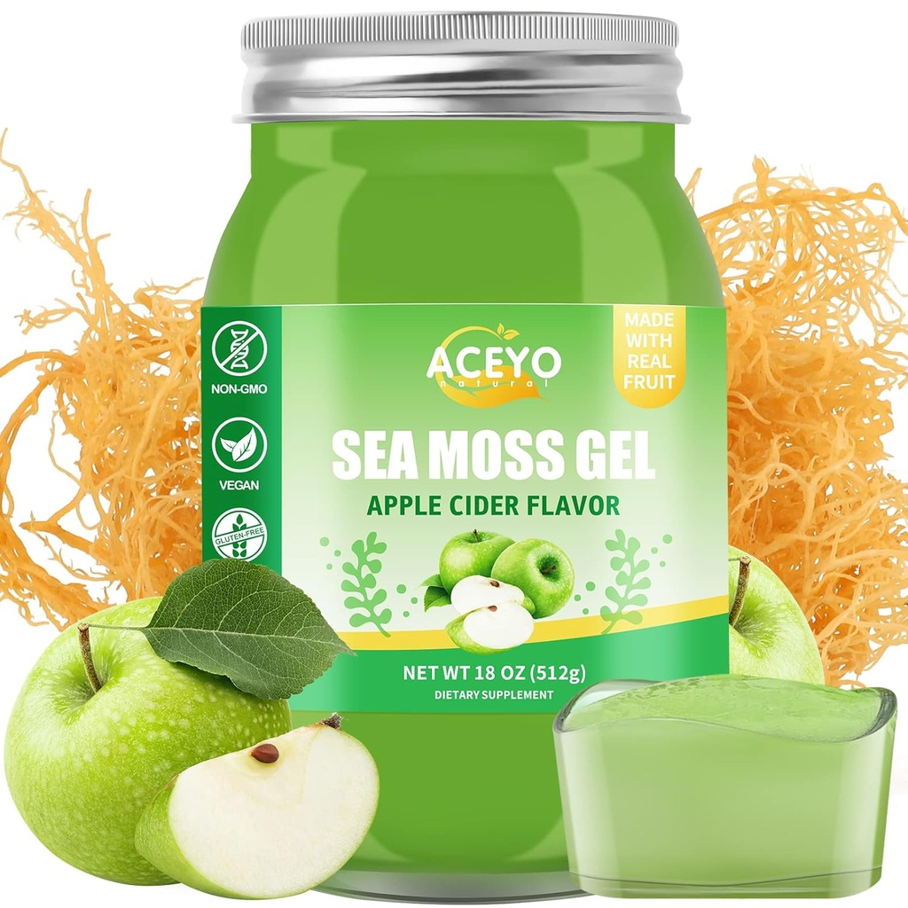 (18 OZ) Mar irlandés Moss Gel Organic Raw Vegan Apple Flavor 102 Vitaminas y Minerales Wild Harvested Non-GMO Immune Defense Booster Thyroid Digestive Support