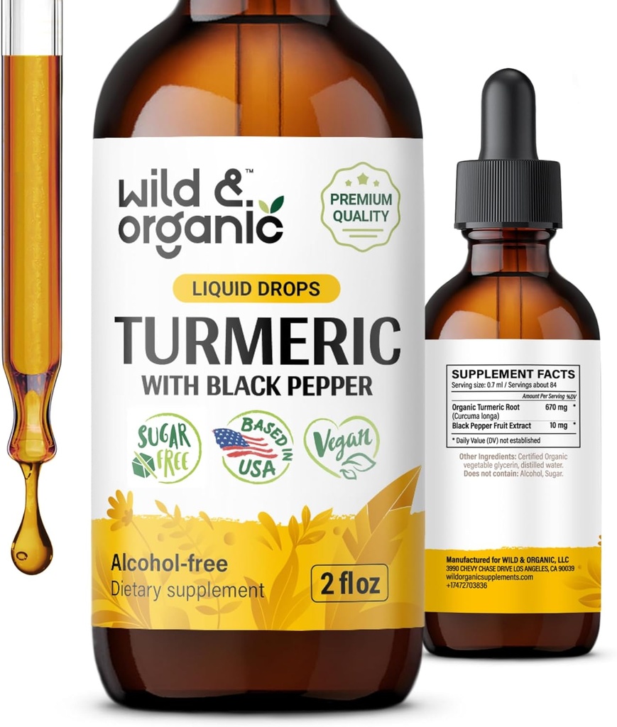 Salvaje &amp; Orgánica Turmeric Suplemento líquido - Soporte Conjunto - Curcumina Turmérica con Extracto de Pepper Negro - Gotas de raíz de la cúrcuma - Vegan, Azúcar &amp; Sin alcohol Tintura - 2 fl oz