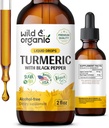 Salvaje &amp; Orgánica Turmeric Suplemento líquido - Soporte Conjunto - Curcumina Turmérica con Extracto de Pepper Negro - Gotas de raíz de la cúrcuma - Vegan, Azúcar &amp; Sin alcohol Tintura - 2 fl oz