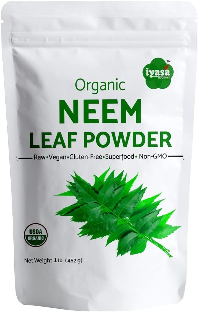 Iyasa Holistics Organic Neem Powder Ayurveda hierba y superalimentos, apoya la purificación de sangre y hígado, promueve el cabello sano y la piel clara, bolsa sellable de 16 oz/ 453g