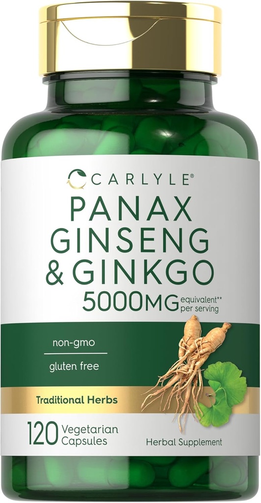 Carlyle Panax Ginseng &amp; Ginkgo 5000mg ← 120 Vegetarian Capsules ← Non-GMO &amp; Gluten Free Supplement