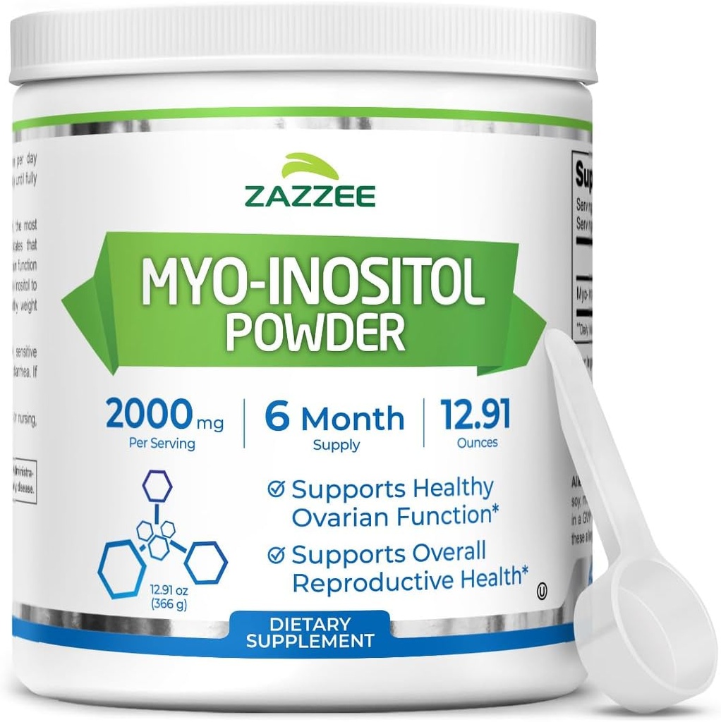 Zazzee Myo-Inositol Powder, 6 Month Supply, 183 Servings, 2000 mg por Serving, Scoop gratis para la dosis exacta, 12.91 onzas, 100% pura, fertilidad integral y soporte reproductivo, Vegan, No GMO
