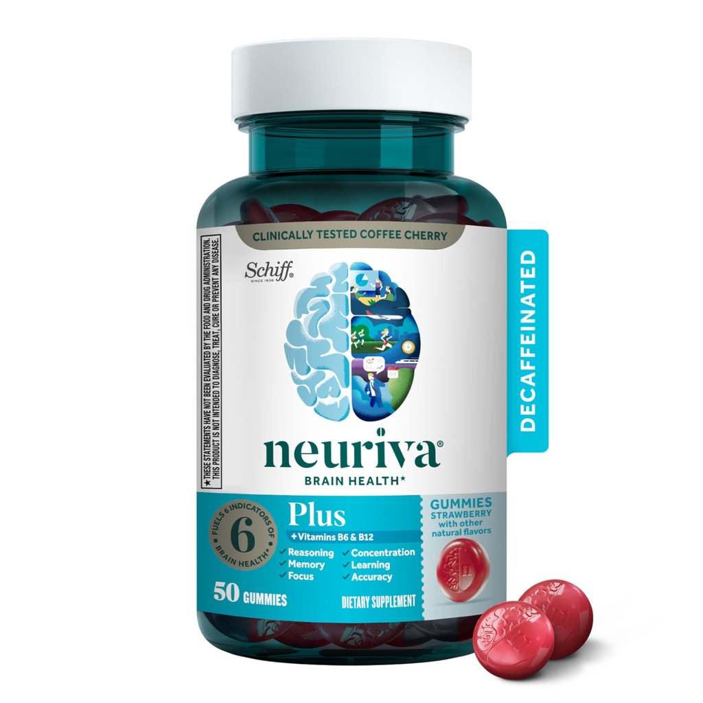 Suplemento cerebral NEURIVA Plus para memoria, concentración+ función cognitiva con vitaminas B6 &amp; B12 y test clínico Phosphatidylserine y Neurofactor, 50ct Gummies de Fresa