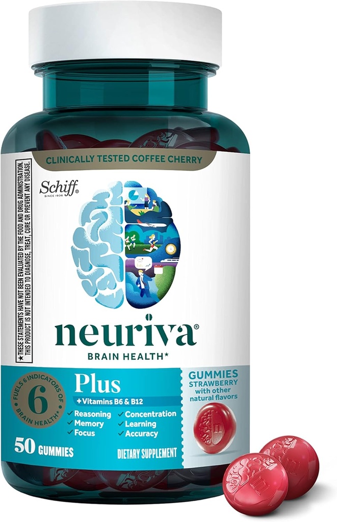Suplemento cerebral NEURIVA Plus para memoria, concentración+ función cognitiva con vitaminas B6 &amp; B12 y test clínico Phosphatidylserine y Neurofactor, 50ct Gummies de Fresa