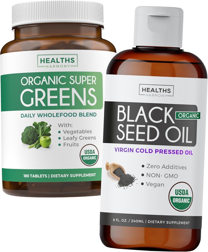 Super Greens & Black Seed Oil (3-Month Supply) Herbal Oil Blend Bundle of Organic Super Greends Powder - Completo Superfood (180 cápsulas) & Organic Black Seed Oil Liquid - Cold presumido (8 fl oz)