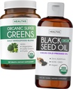Super Greens & Black Seed Oil (3-Month Supply) Herbal Oil Blend Bundle of Organic Super Greends Powder - Completo Superfood (180 cápsulas) & Organic Black Seed Oil Liquid - Cold presumido (8 fl oz)