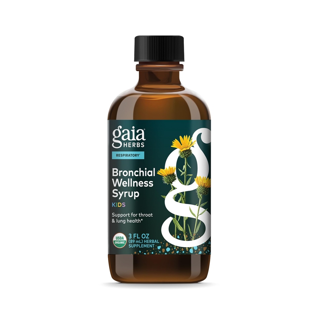 Gaia Kids Bronchial Wellness Syrup - Immune Support Supplement - Global Throat & Lung Health Support - Certified Organic Formula with English Plantain, Grindelia & Honey - 3 Fl Oz (18 Servings)