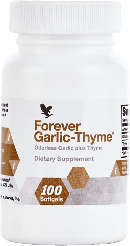 Forever Living - Forever Garlic-Thyme - Cardiovascular &amp; Immune Soporte con 10mg Extracto de ajo &amp; 50mg Hoja de tomo - Softgel sin olor, libre de gluten - 100 Softgels