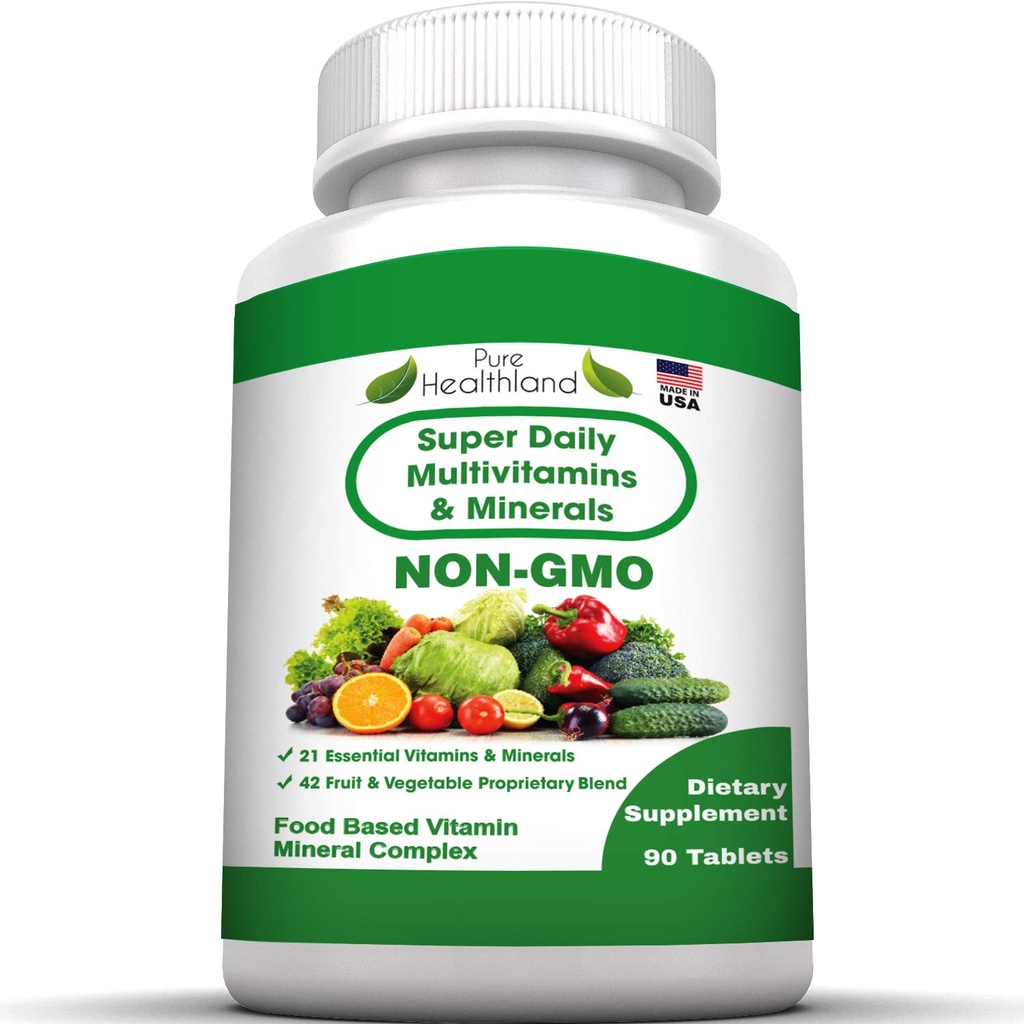 Pure Heathland Non-GMO Super Daily Multivitamin for Adults – 42 Frutas Naturales & Verduras Licuadas con 21 Vitaminas Esenciales & Minerales – Vegan Coating Tablets, 90 Cuenta, Made in USA