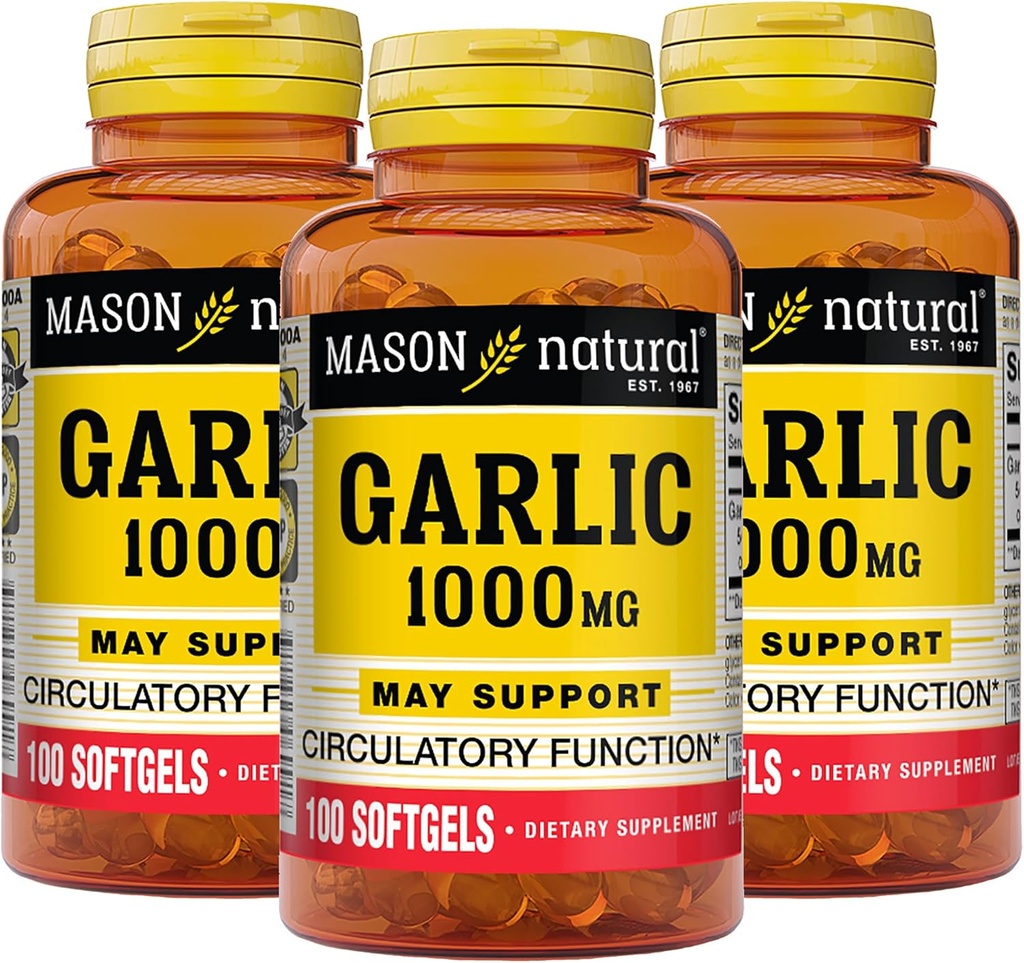 Aceite de ajo NATURAL MASON 1000 mg, 300, Softgels de suministro de día, soporta la función circulatoria normal, 3 Pack