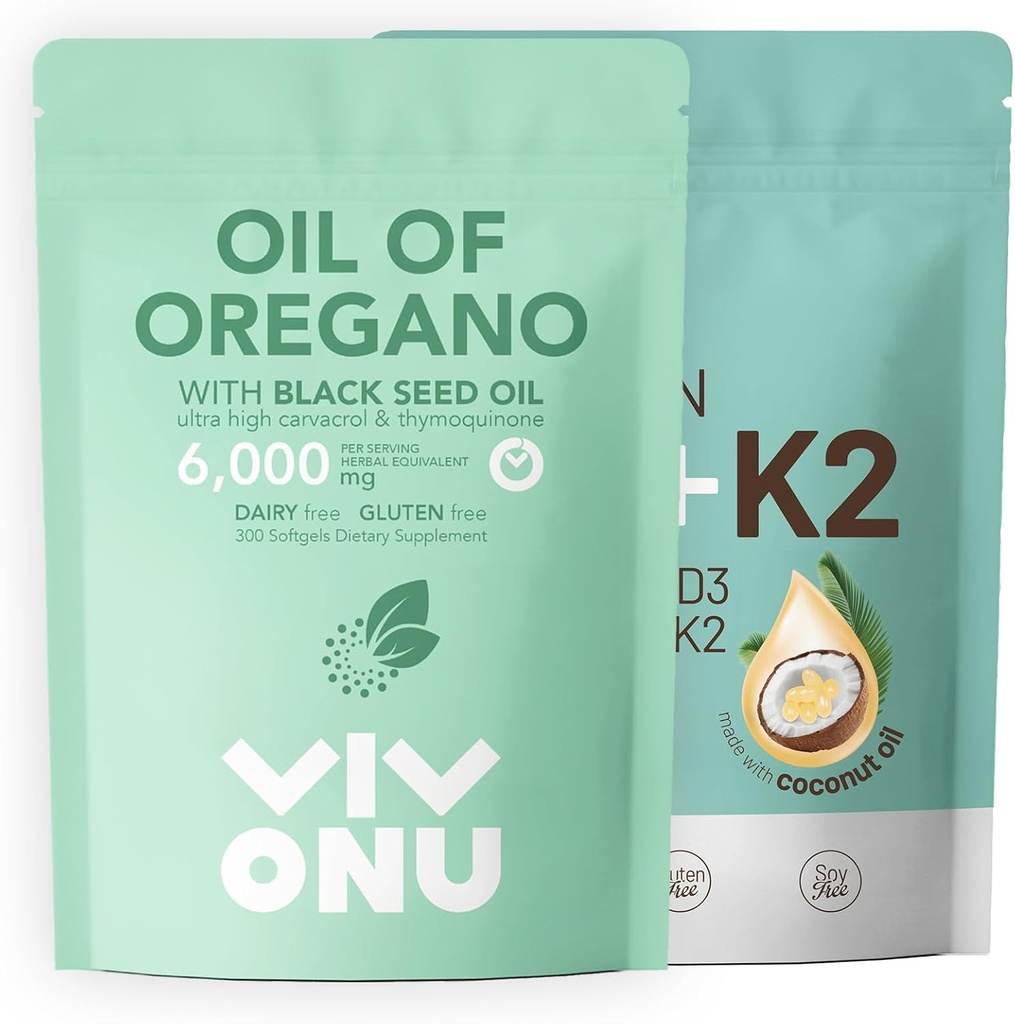 Aceite de cápsulas de orégano &amp; vitamina D3 10000 iu Plus K2 (MK-7) 200 mcg, 300 aceite de coco Softgels