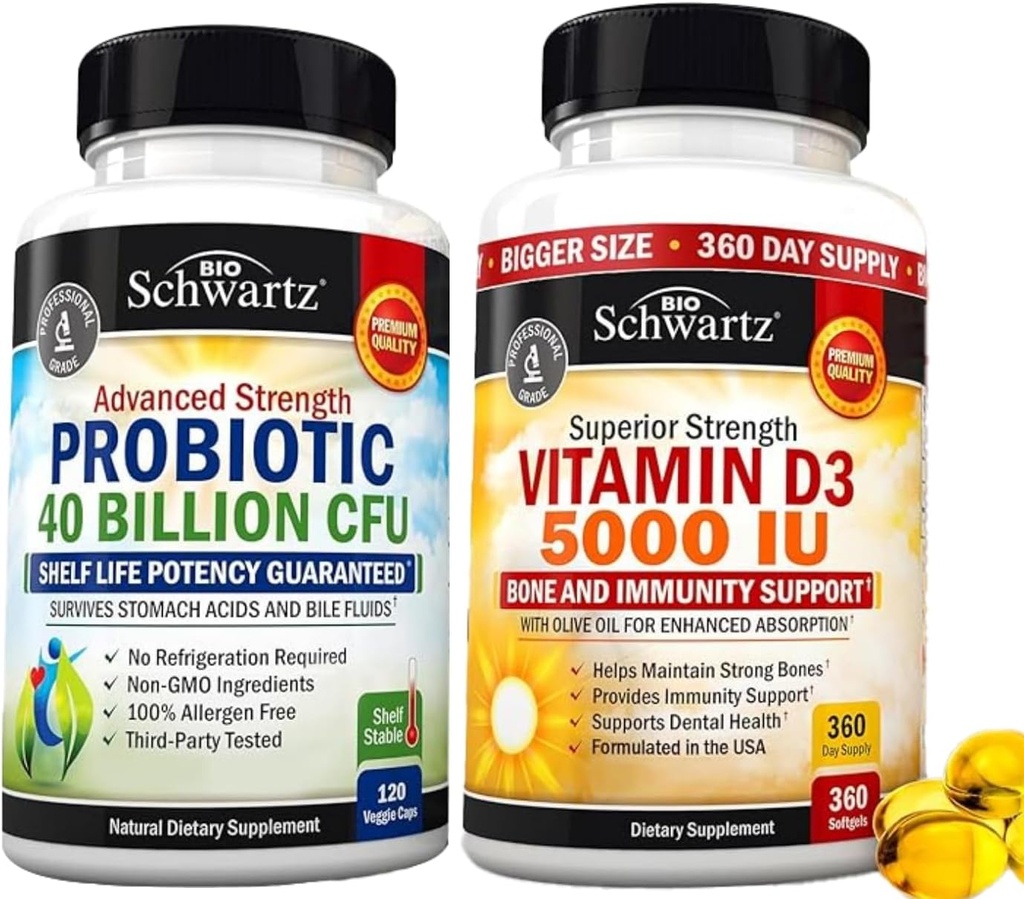 Vitamina de alta resistencia D3 5000 UI 125 mcg (1 año de suministro) más 40 millones de suplementos probióticos diarios CFU (2 mes de suministro)