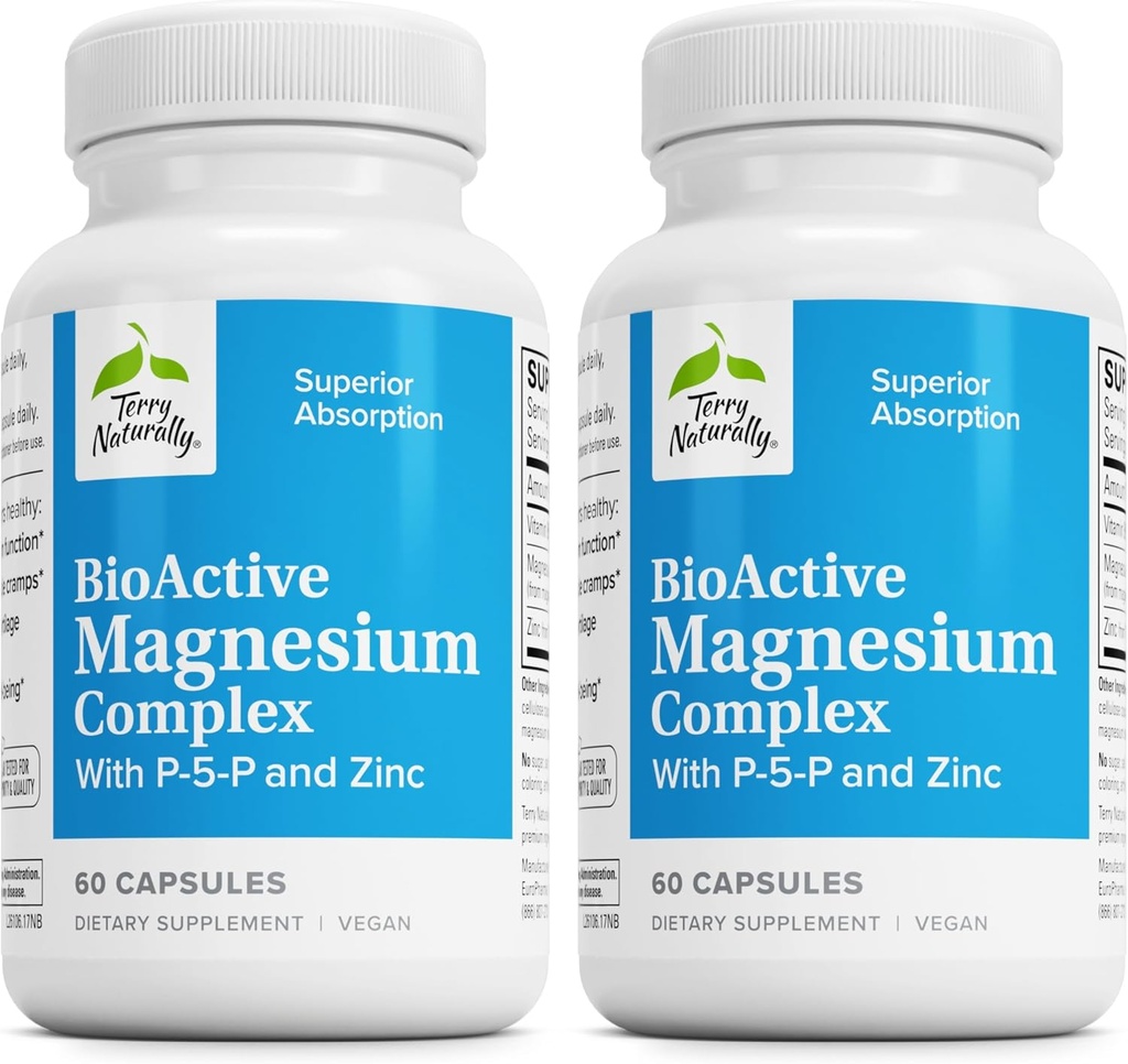 Terry Naturalmente Complejo de Magnesio Activo - Bono &amp; Heart Health Support - Suplemento con Vitamina B6, Zinc &amp; Magnesio - Pyridoxal-5-Phosphate Vegan Capsule Suplemento - 60 cápsulas (Pack de 2)