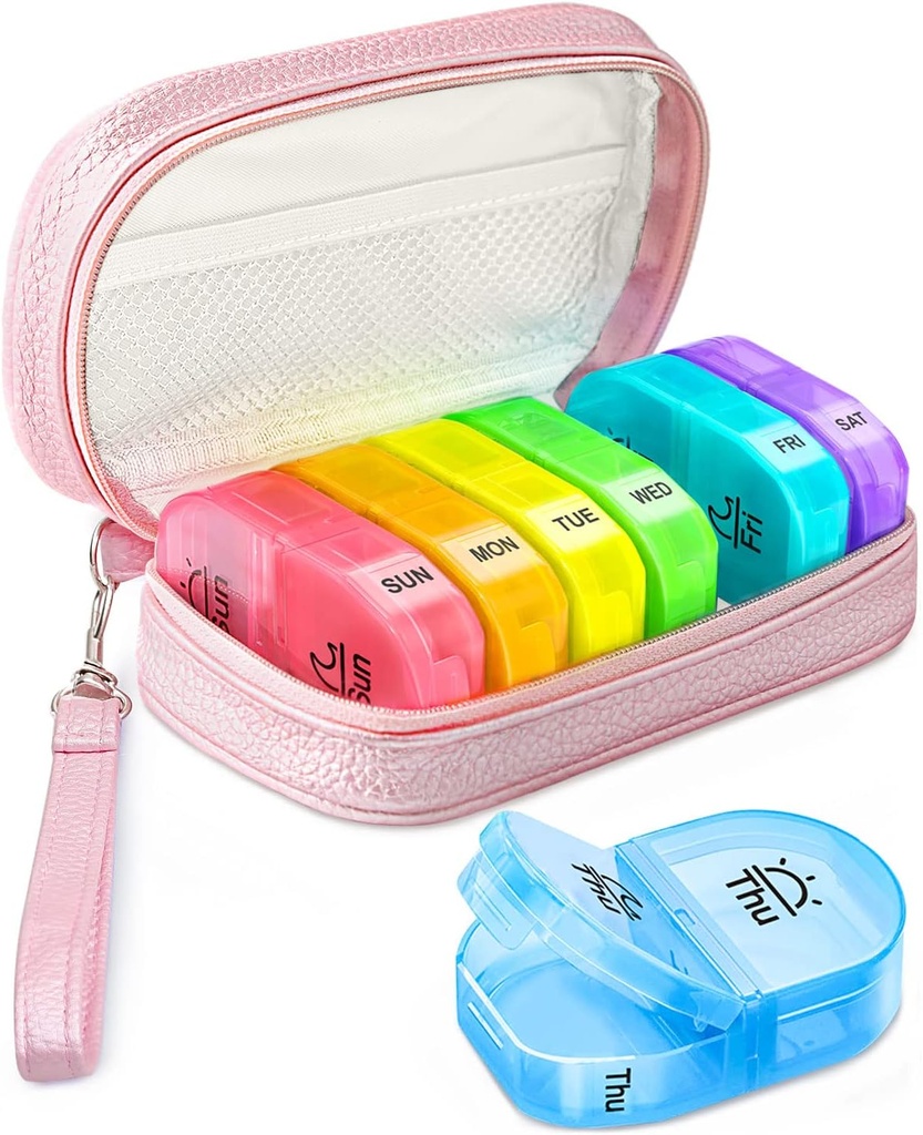 Cute Pill Organizer 2 veces al día, PU Caja de Pill de Pill para Mujeres, Caja de Píldora Semanal Portátil con bolsa de almacenamiento para mantener vitaminas, medicamentos, aceites de pescado, suplementos (Pink)