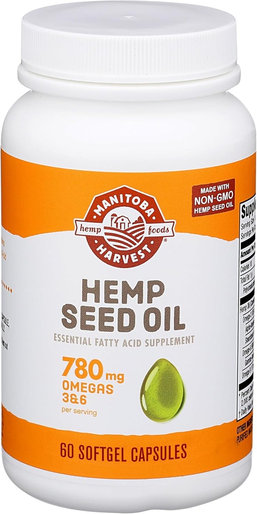 Manitoba Harvest Hemp Seed Oil Softgels, 2.475 mg de Omegas con base vegetal 3,6 " 9 por por porción incluyendo GLA, Fish Oil Alternative, 60 Cuenta (Pack of 1) Embalaje Mayo Vary